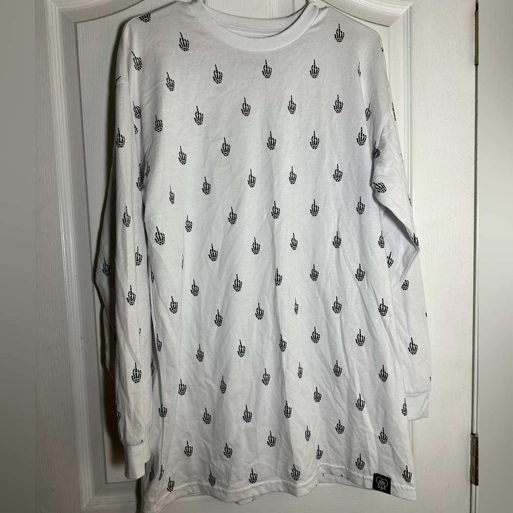 White long sleeve tshirt with skeleton middle finger.